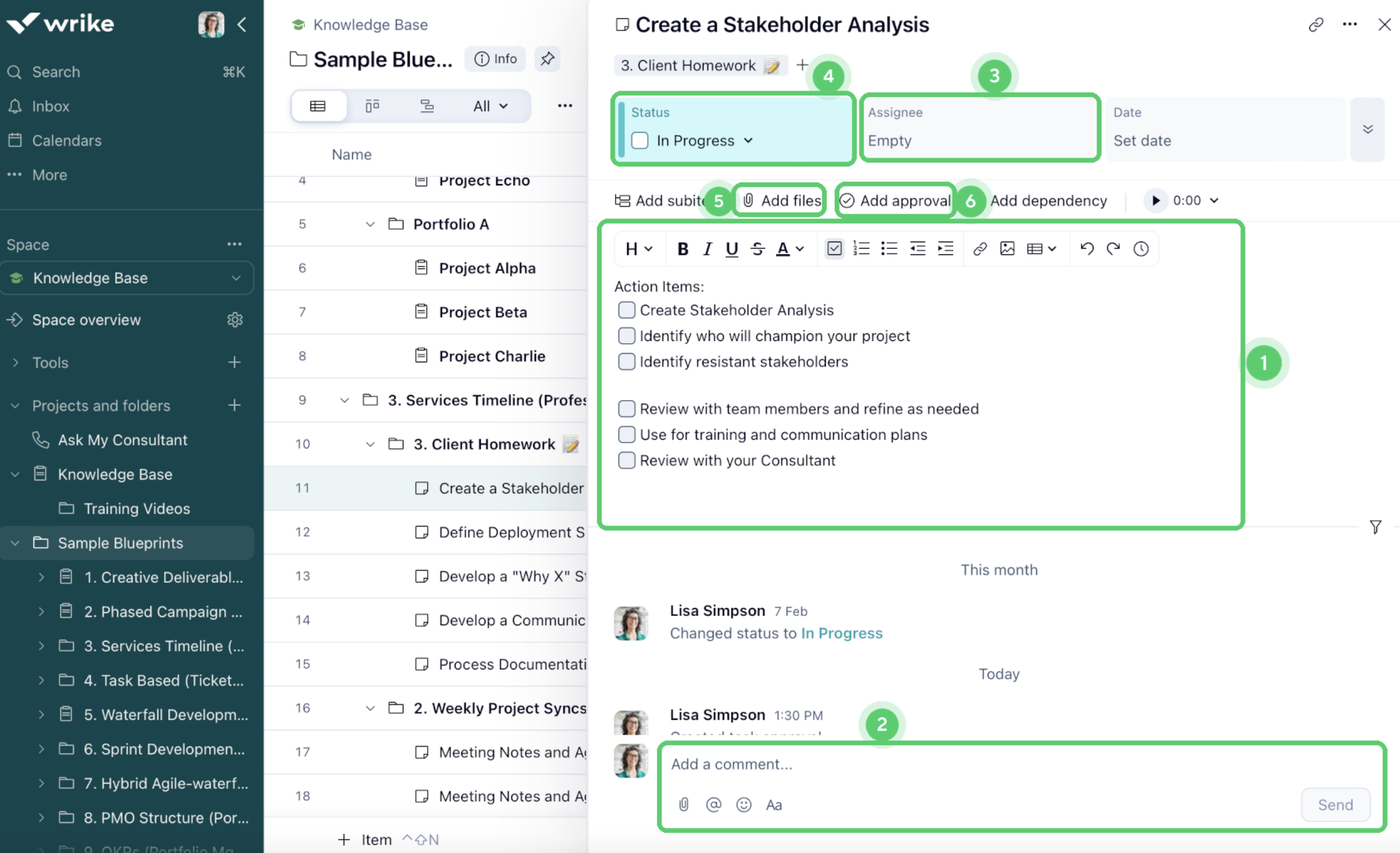 Wrike task detail view showing status, assignee, due dates, file attachments, rich text editor, and comment section.