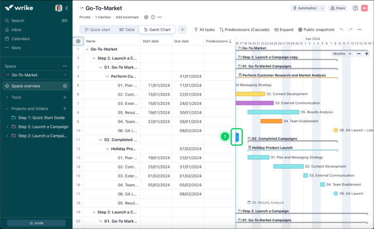 Wrike Gantt chart showing project phases, task hierarchies, dependencies, and date-based progress bars.