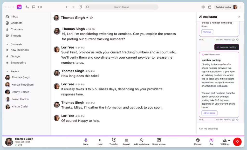 Screenshot of a sales call interface showing an AI assistant providing real-time guidance on number porting alongside an active customer chat.