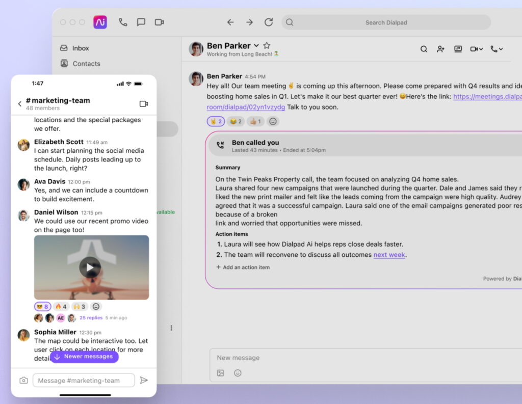 Screenshot of Dialpad showing an AI-generated call summary and action items from a completed call, alongside team chat messages.