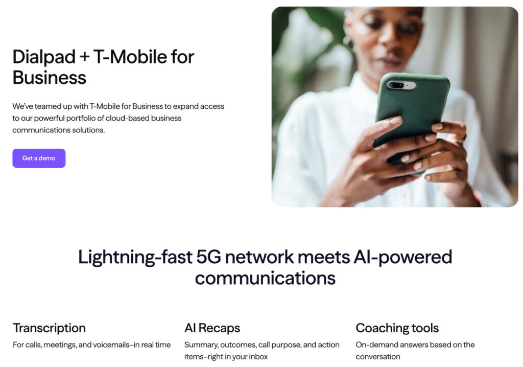 Promotional image highlighting Dialpad powered by T-Mobile, showing a professional using a mobile phone to represent reliable 5G connectivity that supports clear calls, real-time transcription, AI recaps, and coaching tools for business communications.
