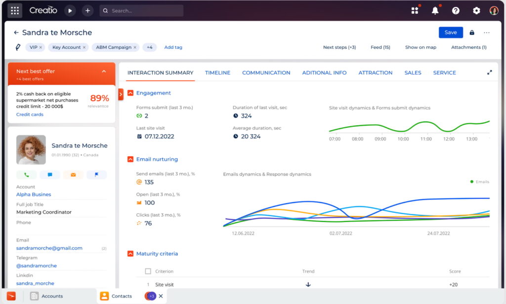 Creatio CRM interface showing a customer profile with industry-specific workflow data, including engagement metrics, email activity, AI-driven recommendations, and pipeline insights displayed in a customizable dashboard.
