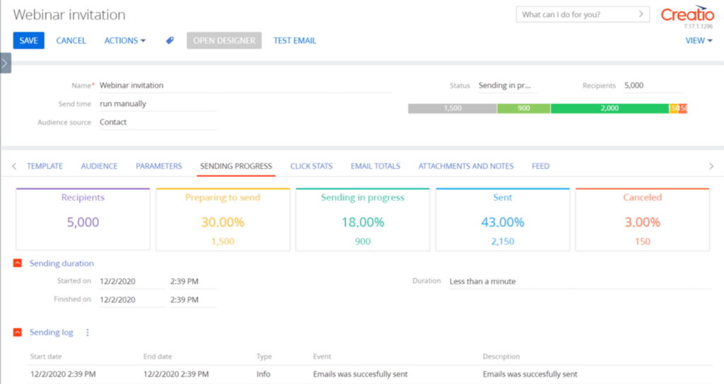 Creatio CRM email tracking dashboard showing an email campaign’s sending progress, delivery status, and engagement metrics, with emails automatically linked to related contacts and CRM records.