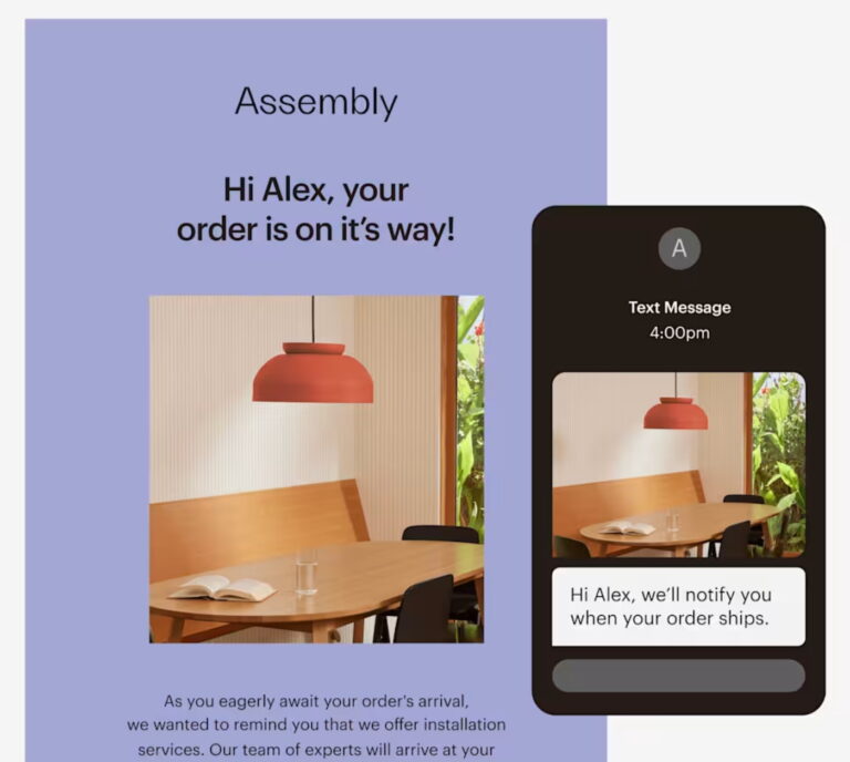 Mailchimp ecommerce example showing an order update sent via email alongside a coordinated SMS notification on a mobile phone.