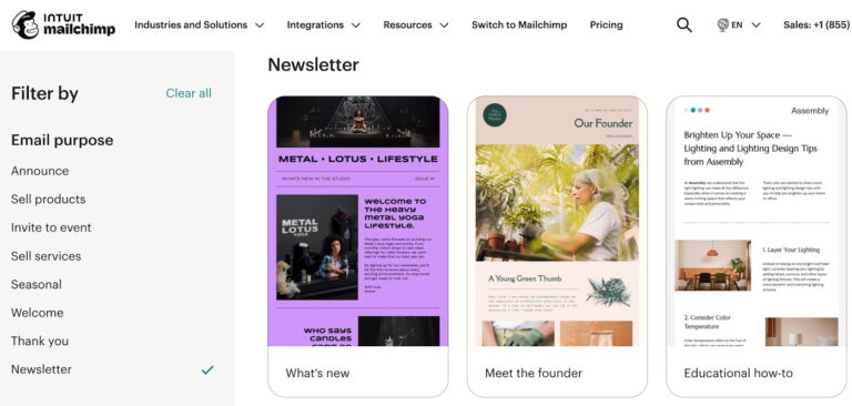 Mailchimp interface displaying newsletter email templates, including “What’s new,” “Meet the founder,” and educational newsletter designs.