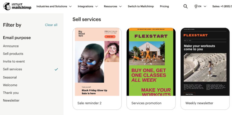 Mailchimp interface showing email templates for service-based businesses, including service promotions and newsletters, with filtering options by email purpose.