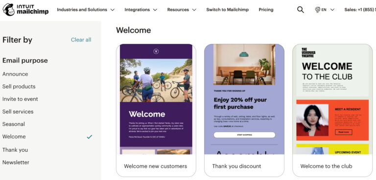 Mailchimp interface showing welcome email templates, including onboarding and first-purchase discount designs, filtered by “Welcome” email purpose.
