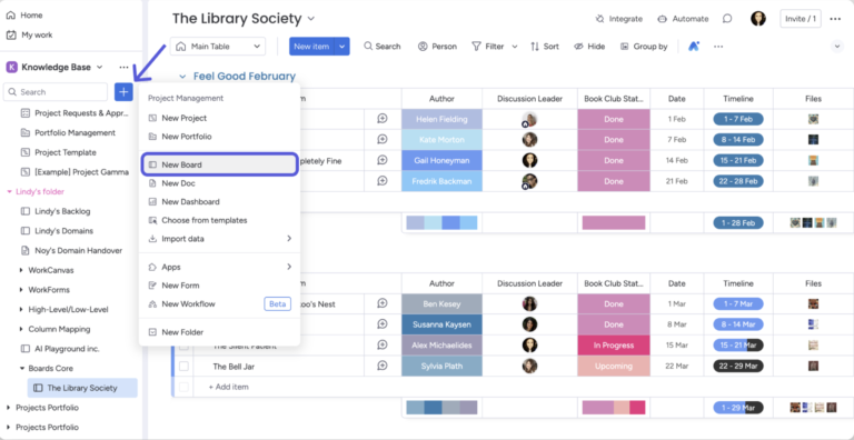 monday.com work management board displaying rows of items with owners, dates, status colors, timelines, and file attachments.