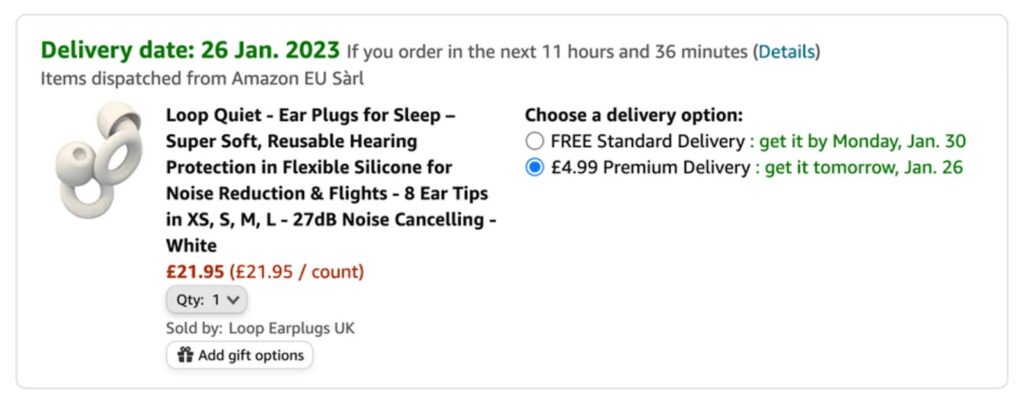 Amazon product page showing a highlighted delivery date with a countdown timer emphasizing fast shipping and estimated arrival time.