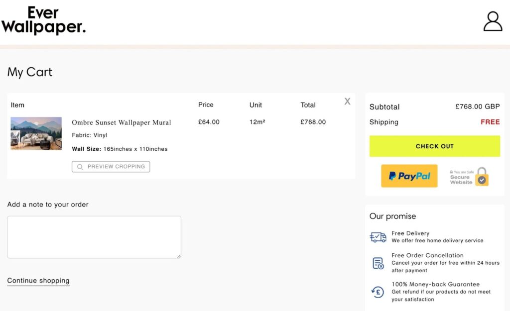 Checkout page showing secure payment badges, PayPal option, free shipping, and an “Our promise” section highlighting free delivery, free cancellation, and a money-back guarantee.