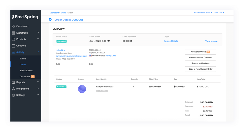 The FastSpring dashboard shows order details, customer information, subscription activity, and transaction reporting within the merchant portal.