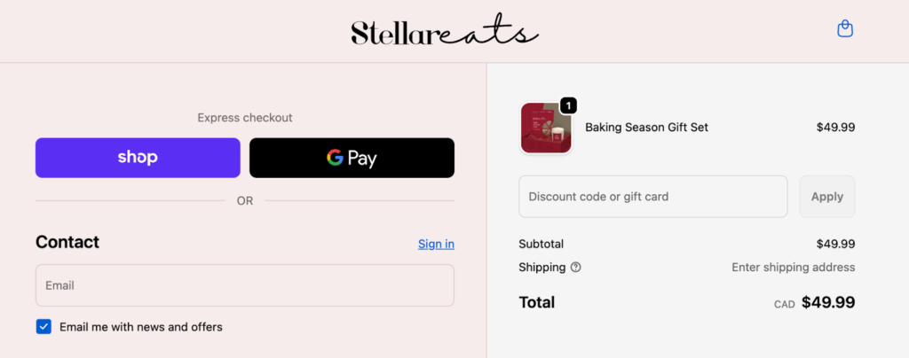 Checkout page showing express payment options with Shop Pay and Google Pay buttons displayed prominently above email and shipping fields.