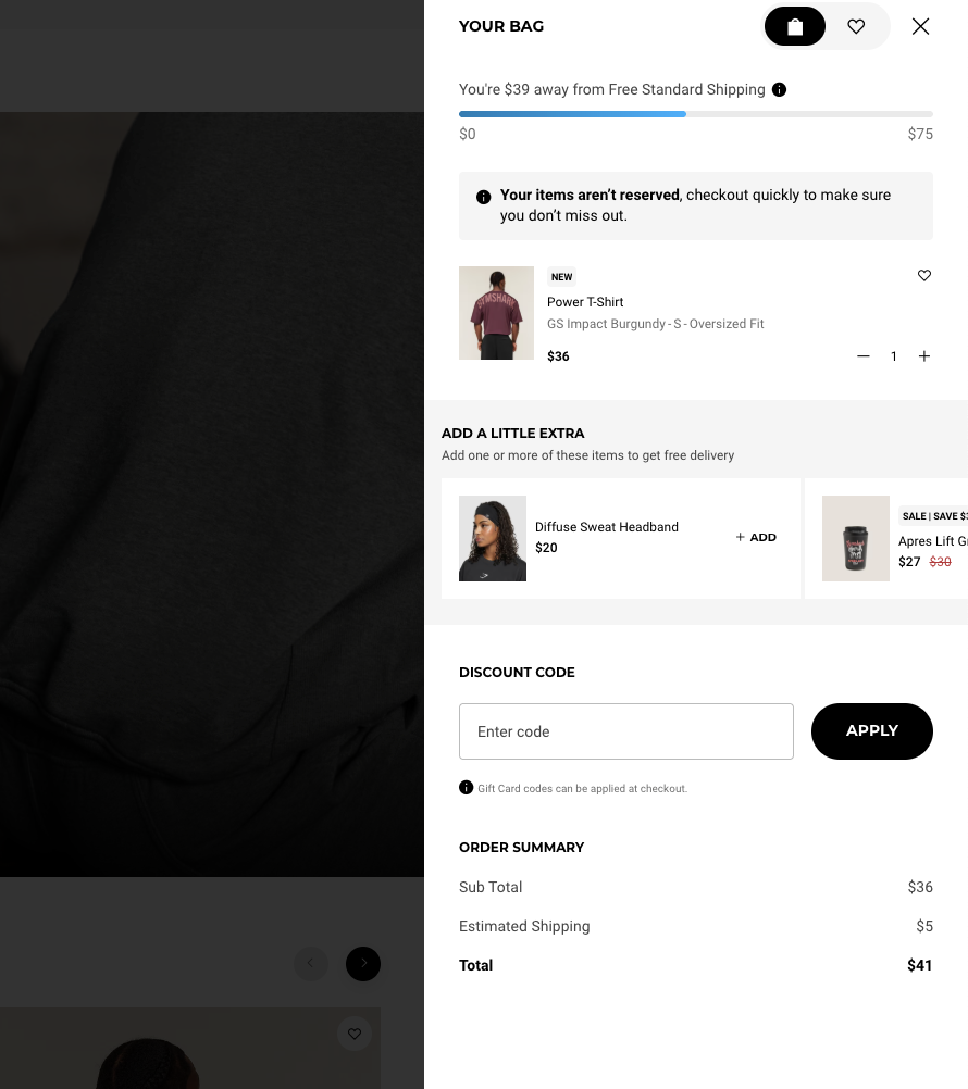 Shopping cart sidebar showing a free shipping progress bar, item subtotal, estimated shipping cost, and total price displayed before checkout.