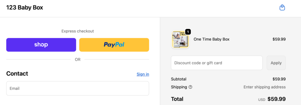 Checkout page showing a single “Discount code or gift card” field with an Apply button displayed next to the order summary.