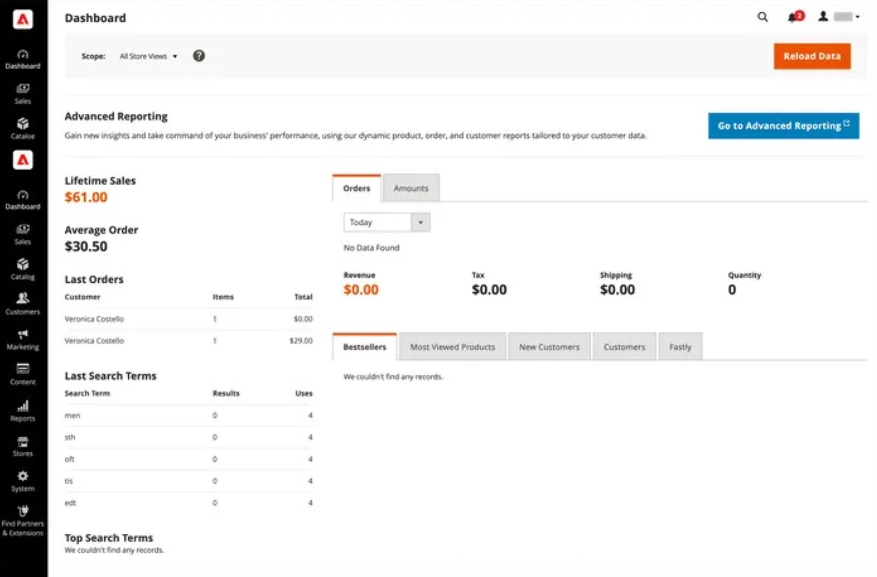 Adobe Commerce admin dashboard with sales reporting, customer data, order management, and backend configuration tools.