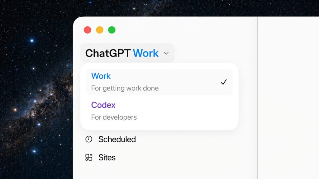 Feature differentiation and selection between ChatGPT Work and Codex.