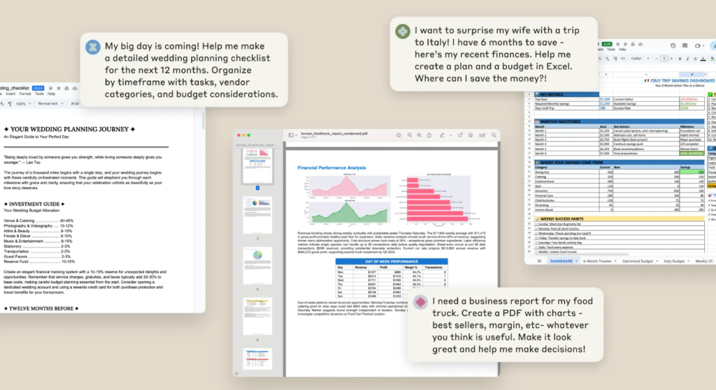 Claude creating an editable report, spreadsheet, or presentation from uploaded source files.