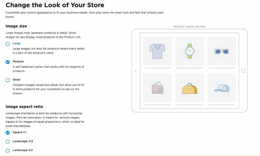 Ecwid store design customization screen showing product image size options, aspect ratio settings, and storefront layout controls.