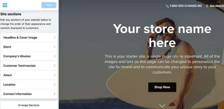 Ecwid Instant Site editor interface with customizable site sections, headline area, store blocks, and layout management tools