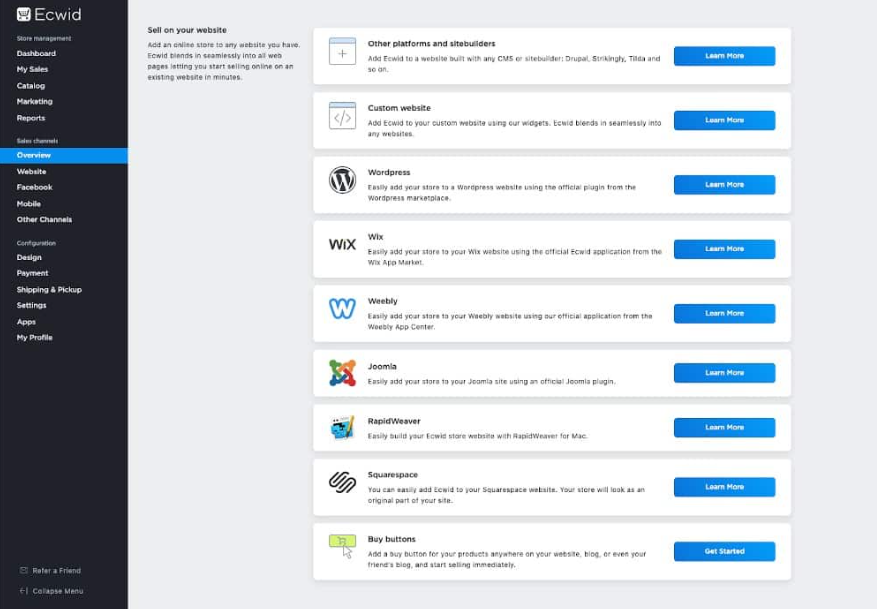 Ecwid platform integration dashboard displaying website embedding options for WordPress, Wix, Squarespace, Joomla, and custom websites.