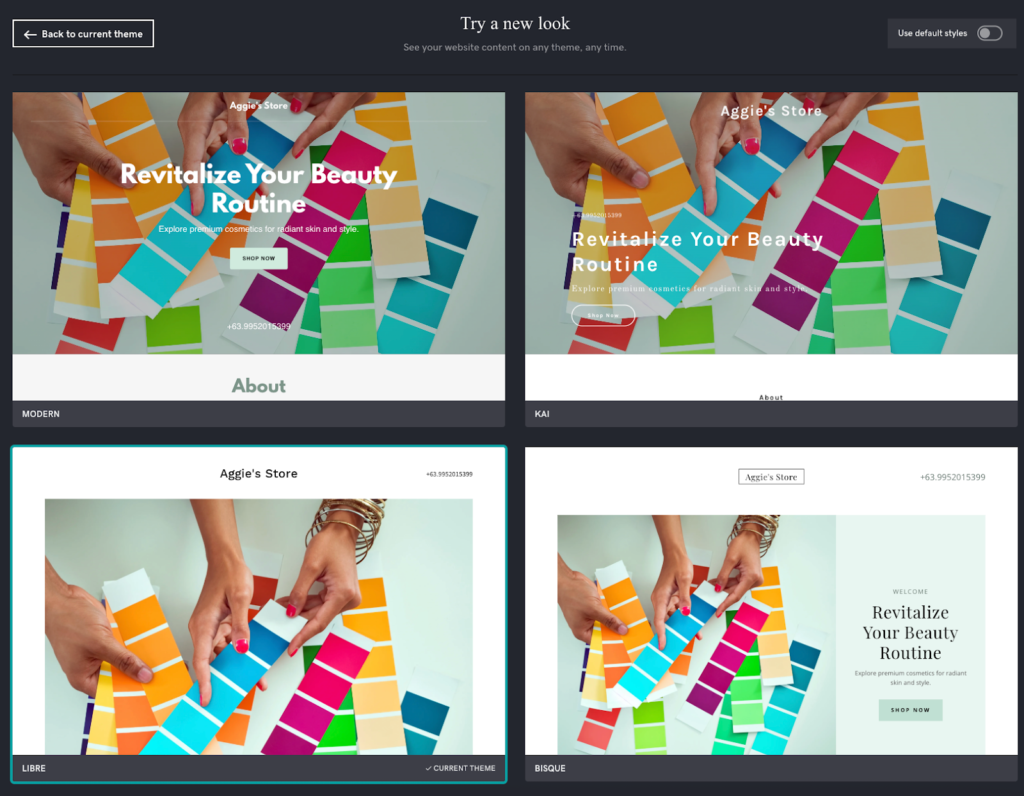 GoDaddy ecommerce theme customization screen displaying multiple layout and template design options.