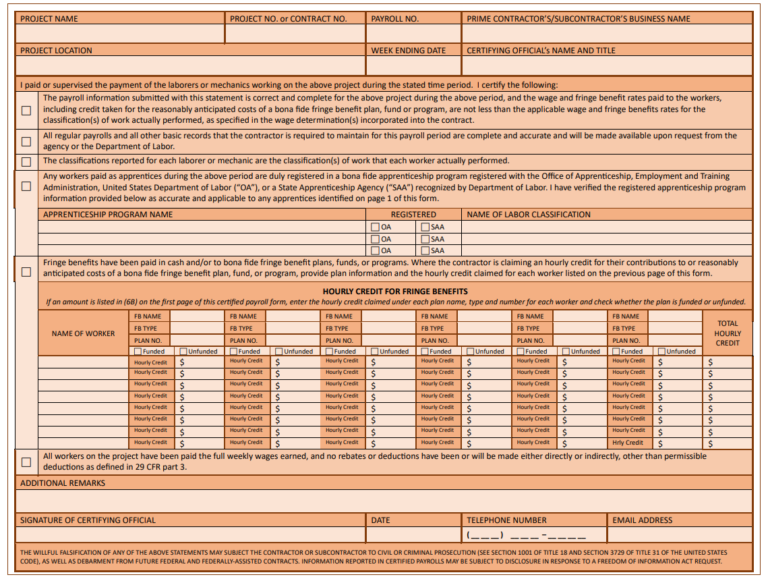 Page 2 of the WH-347 form showing the Statement of Compliance section.