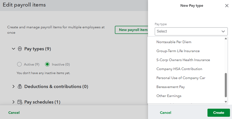 QuickBooks Payroll 'new pay type' feature with a dropdown menu showing earning and benefits options.