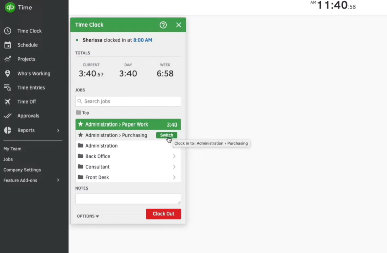 QuickBooks Time with a time clock panel for logging in and selecting job types for the shift.
