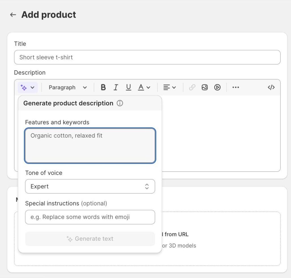 Shopify product editor displaying AI-generated description fields for features, tone of voice, and optional instructions.