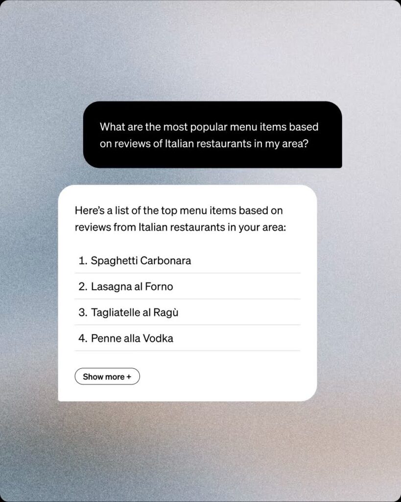 Square AI interface displaying a merchant question about popular Italian restaurant menu items and an AI-generated list of recommended dishes based on review data.