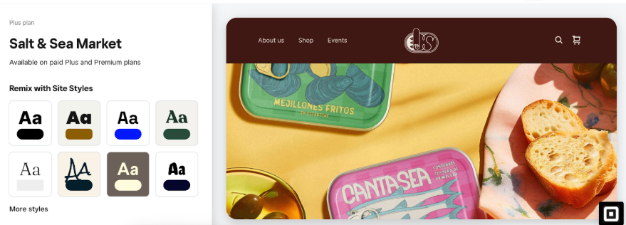 Square Online website editor showing style presets with typography and color combinations for customizing store branding and layout.