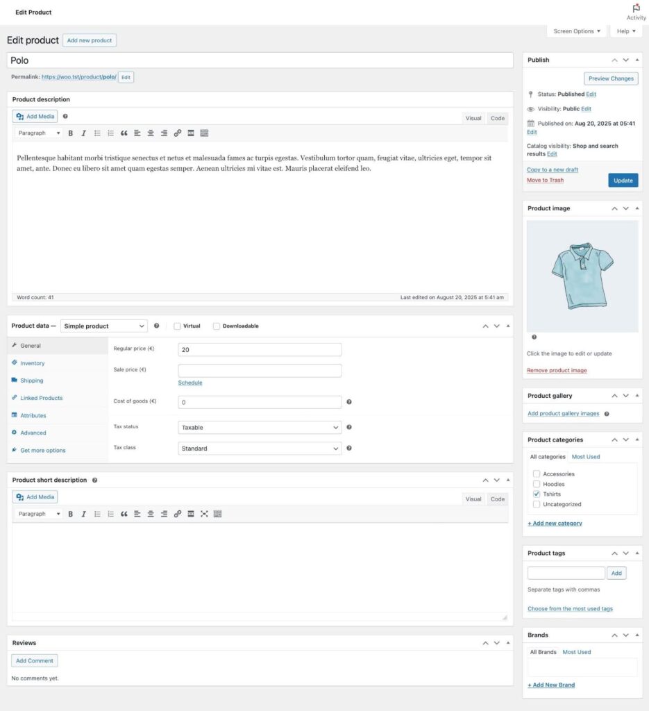 WooCommerce product editor in WordPress admin panel with pricing, inventory, tax settings, product categories, and publishing options.