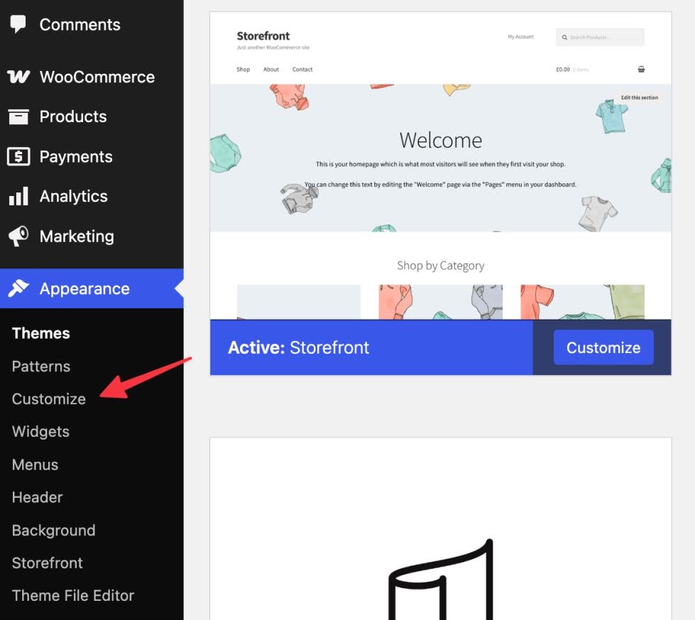 WooCommerce theme customizer in WordPress Appearance settings showing storefront layout, widgets, menus, and customization tools.