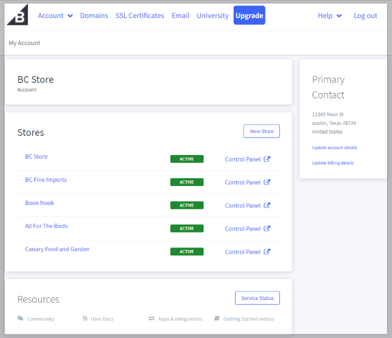 BigCommerce account dashboard displaying a list of active stores with links to each store’s control panel and account settings.