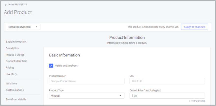 BigCommerce add product page displaying fields for product name, SKU, default price, product type, and storefront visibility settings.