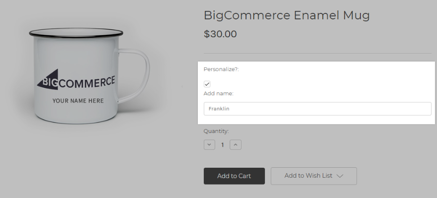 BigCommerce product page featuring a customizable enamel mug with personalization field, quantity selector, and add-to-cart button.