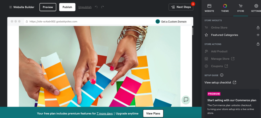 Sample ecommerce website created by GoDaddy Online Store builder with preloaded images, product sections, and homepage layout.