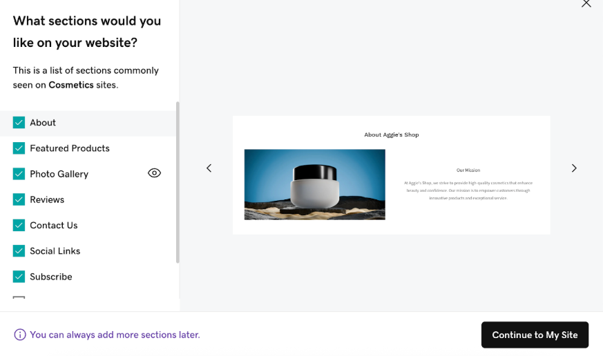 GoDaddy Online Store setup wizard showing prompts for business type, products, and store name before building an ecommerce site.