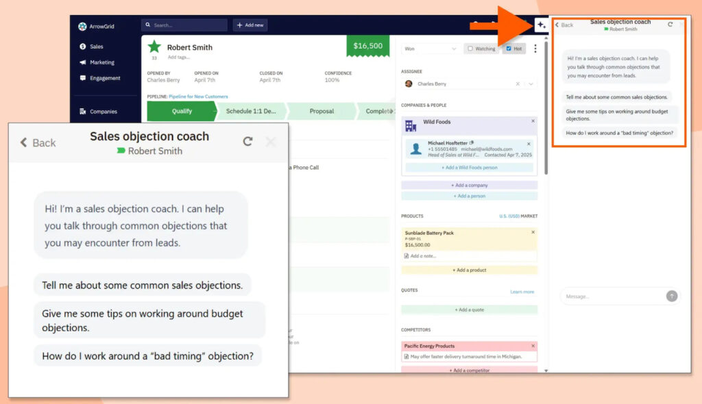 Nutshell CRM sales objection coach AI agent suggesting responses to budget and timing objections.