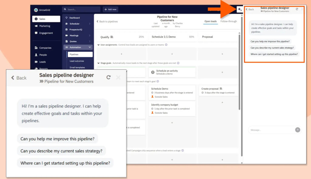 Nutshell CRM sales pipeline designer AI agent suggesting ways to improve and configure a sales pipeline.