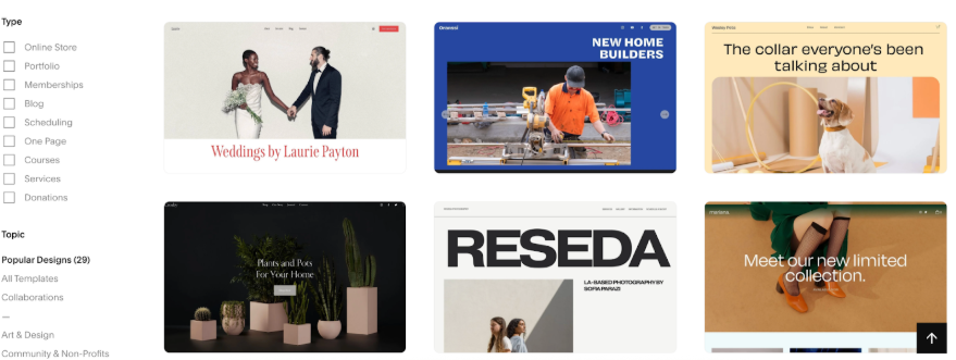 Squarespace template selection page showing multiple professionally designed website templates for online stores, portfolios, and service businesses.