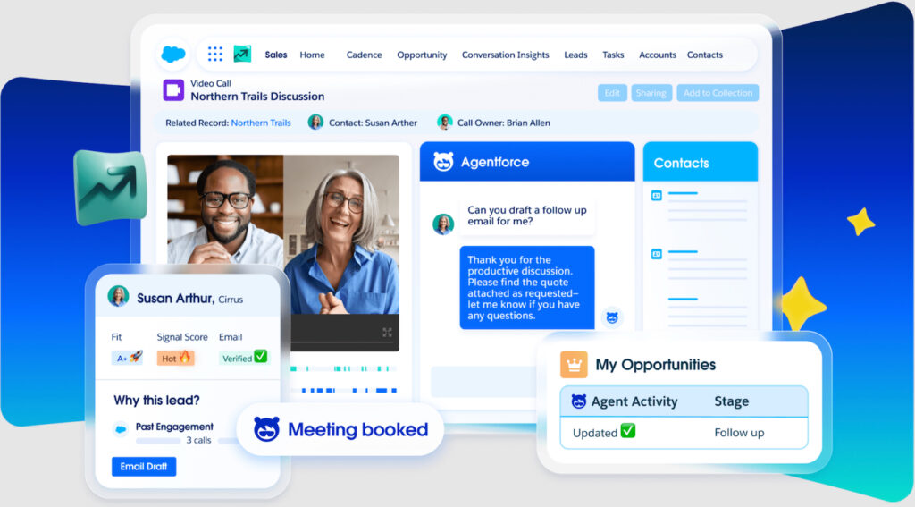 Salesforce Agentforce interface drafting a follow-up email after a video call and updating the related sales opportunity.
