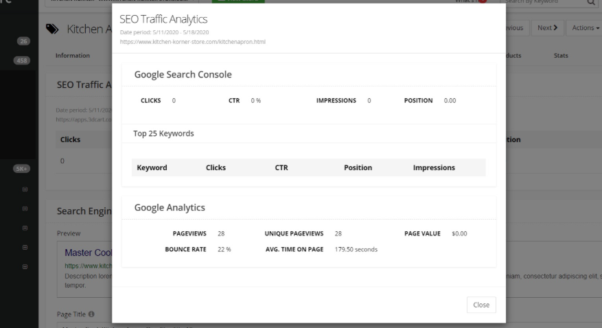 Shift4Shop SEO Traffic Analytics dashboard integrating Google Analytics and Google Search Console data with keyword impressions, clicks, and performance metrics.