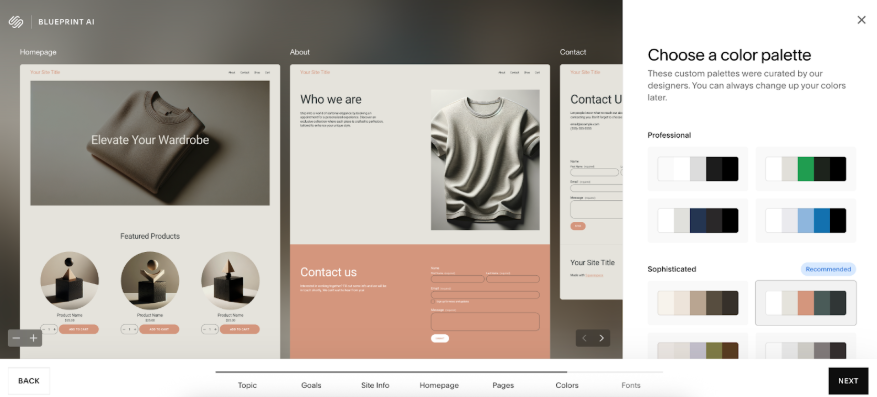Squarespace Blueprint AI setup screen showing homepage preview, page selection, color palette options, and step-by-step site configuration workflow.