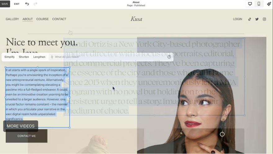 Squarespace website editor interface showing text editing panel with AI options to simplify, shorten, or lengthen content alongside visual page layout controls.