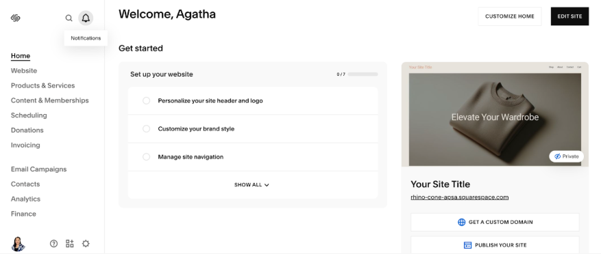 Squarespace admin dashboard displaying website setup steps, site navigation options, custom domain button, and edit site controls.