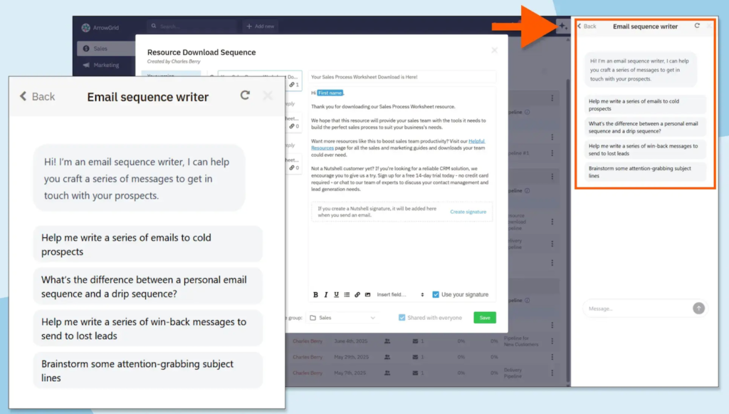 Nutshell CRM email sequence writer AI agent offering prompts for cold outreach, win-back emails, and subject lines.