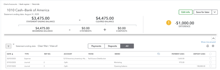 QuickBooks Online reconciliation screen where you match your recorded transactions with your bank statement to confirm that both balances agree.