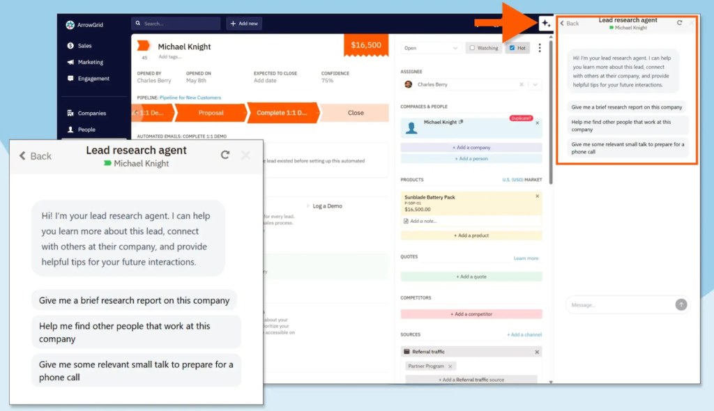 Nutshell CRM lead research AI agent offering company research, contact discovery, and call preparation prompts.