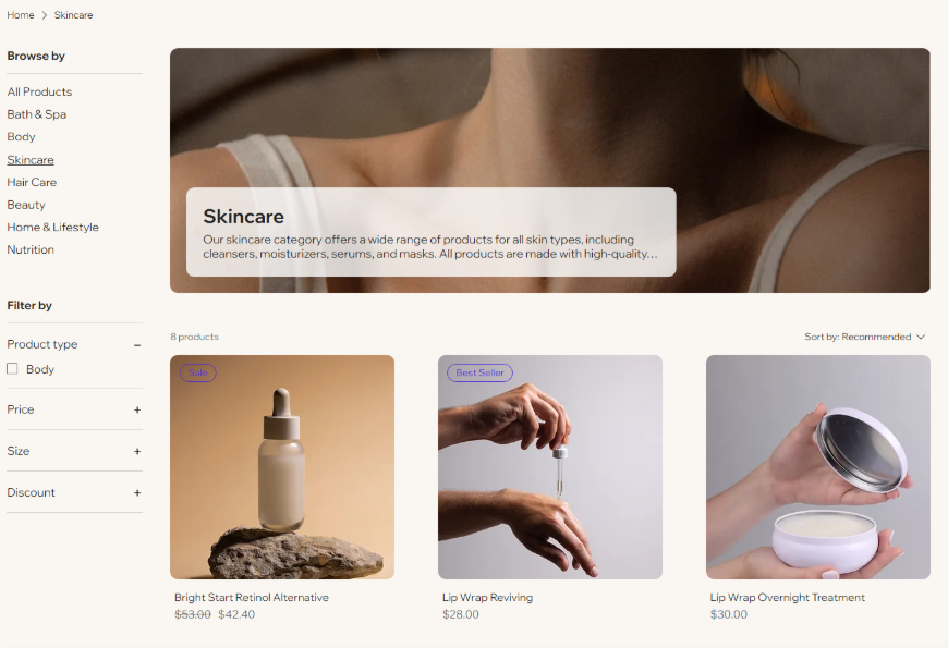 Wix online store category page displaying product filters, pricing details, sale labels, and grid-based product listings.